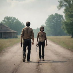 A high-definition, cinematic style photo inspired by The Walking Dead, featuring elements of the series' iconic setting and characters, untouched and in its raw form.