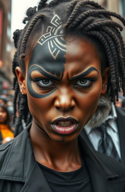 A furiously angry black city girl, embodying intense emotions, is portrayed prominently in the foreground