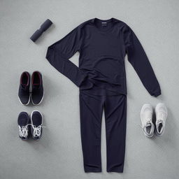 Casual, long sports attire for an adult male, featuring comfort-fit sports trousers, a lightweight long-sleeved top, and a pair of casual sports shoes.