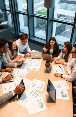 A diverse group of professionals engaged in a lively discussion around a large conference table, using laptops and tablets