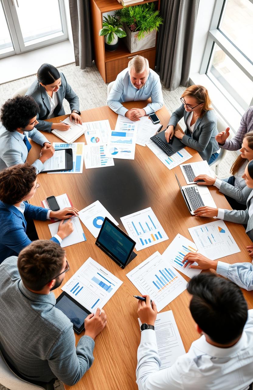 A diverse group of professionals engaged in a lively discussion around a large conference table, using laptops and tablets