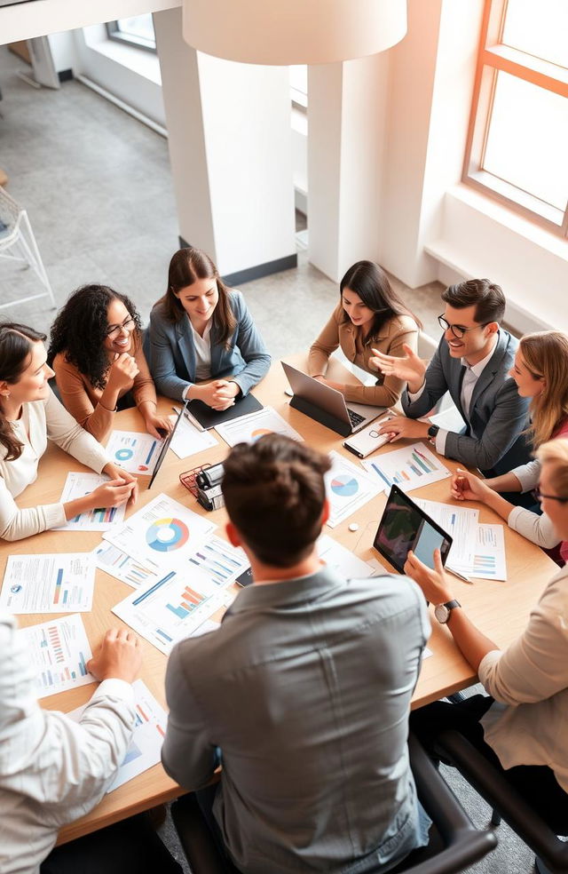 A diverse group of professionals engaged in a lively discussion around a large conference table, using laptops and tablets