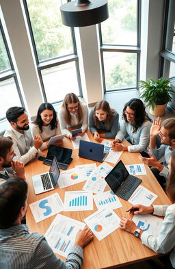 A diverse group of professionals engaged in a lively discussion around a large conference table, using laptops and tablets