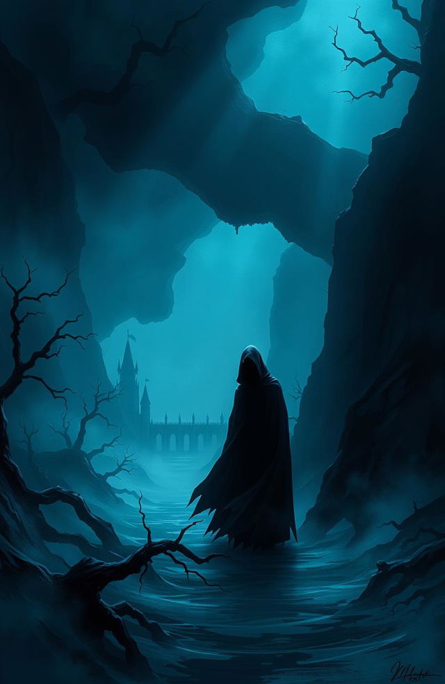 A dark fantasy book cover featuring a shadowy figure in a flowing black cloak, standing in a haunting and foreboding landscape