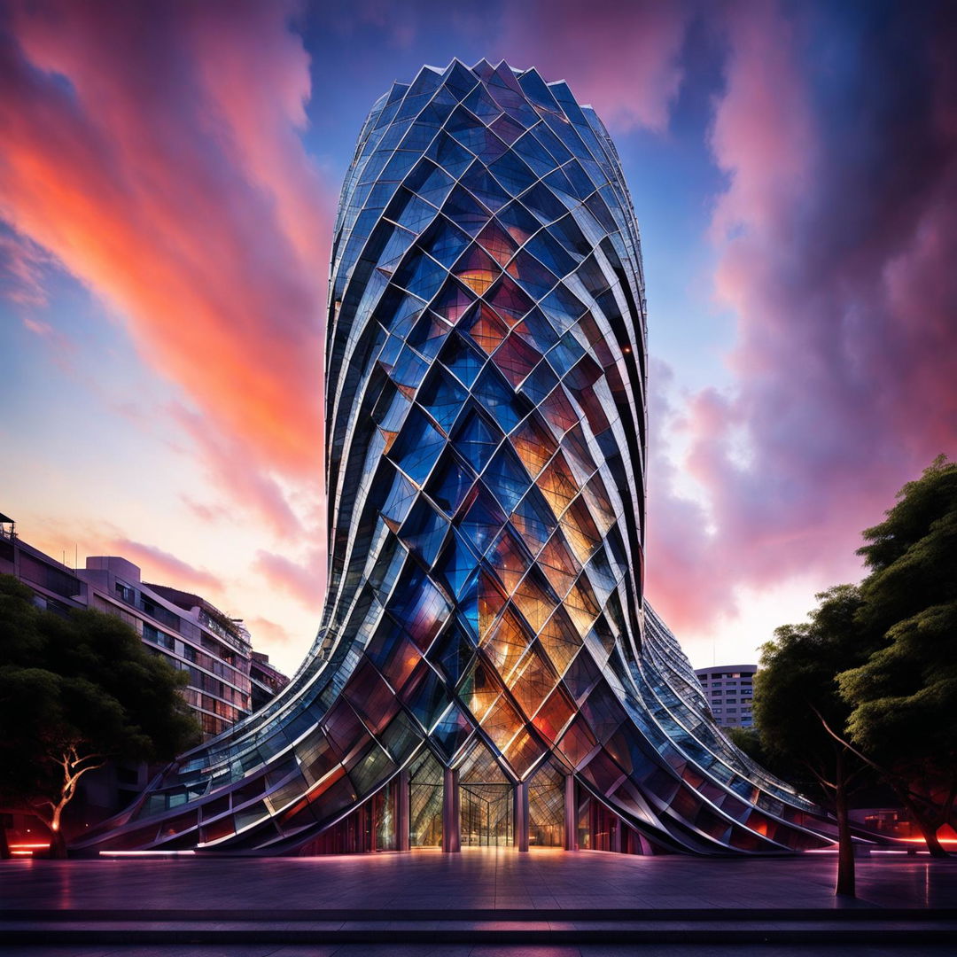 A HD architectural photograph of a double helix-shaped building at dusk, with detailed glass and steel exterior reflecting the cityscape.