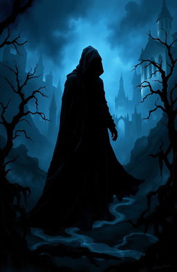 A dark fantasy book cover featuring a shadowy figure in a flowing black cloak, standing in a haunting and foreboding landscape