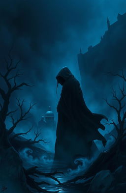 A dark fantasy book cover featuring a shadowy figure in a flowing black cloak, standing in a haunting and foreboding landscape