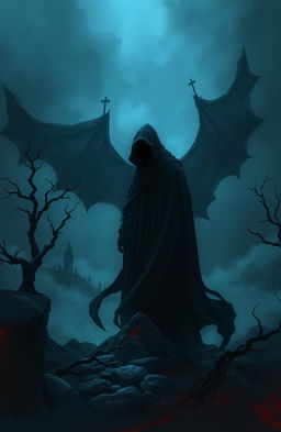 A dark fantasy book cover featuring a shadowy figure in a flowing black cloak, standing in a haunting and foreboding landscape