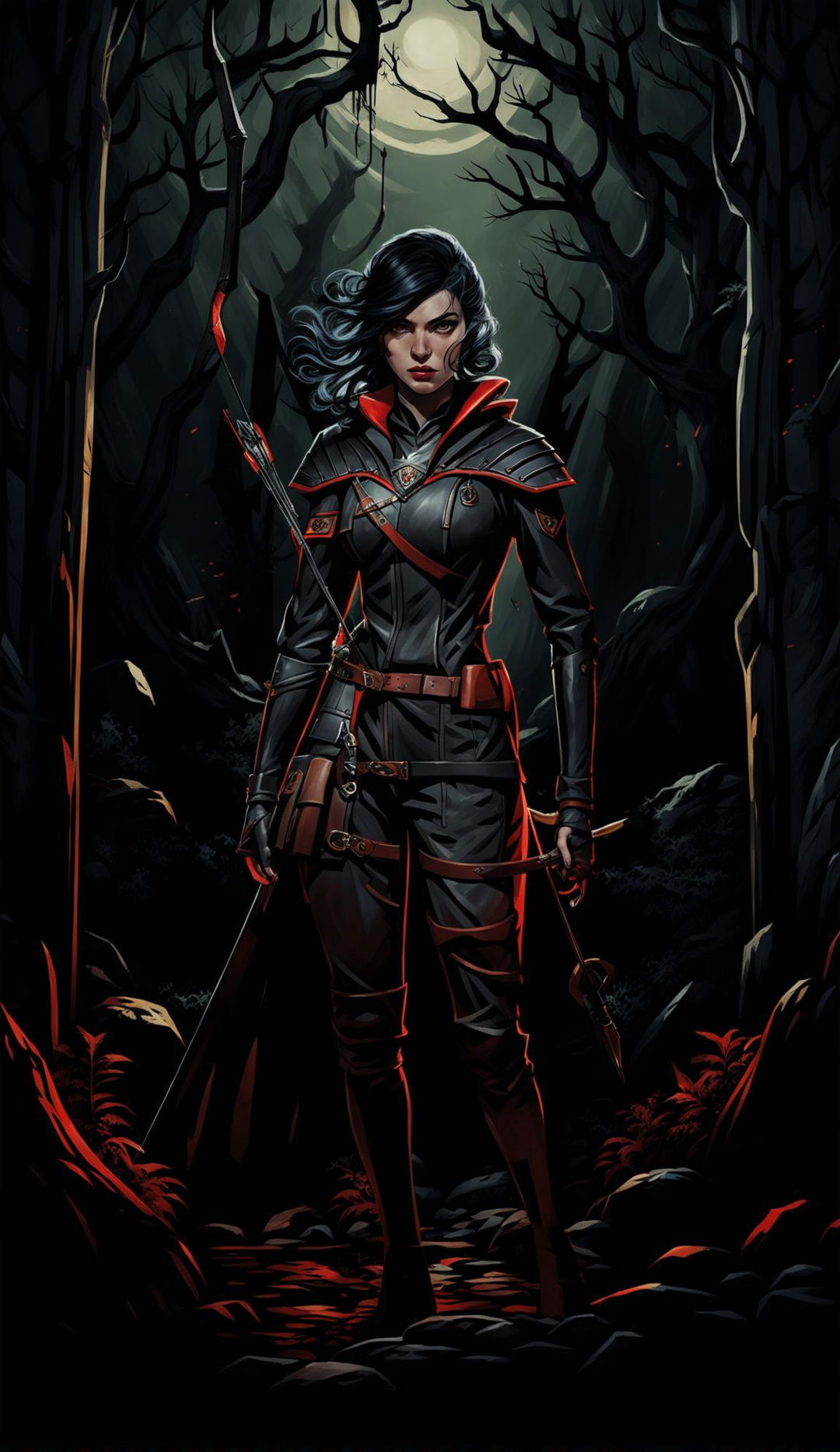 Dark DND art of a female Ranger. She is poised with a bow, her eyes focused and determined. Her attire is black and red, blending with the shadowy forest background. The image is intense and dramatic.