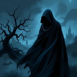 A captivating dark fantasy book cover showcasing a shadowy figure draped in a flowing black cloak, set against a haunting backdrop