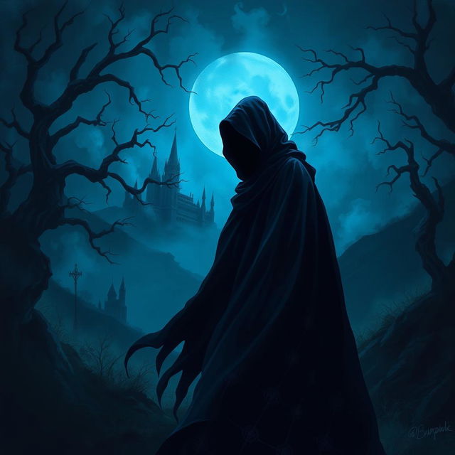 A captivating dark fantasy book cover showcasing a shadowy figure draped in a flowing black cloak, set against a haunting backdrop