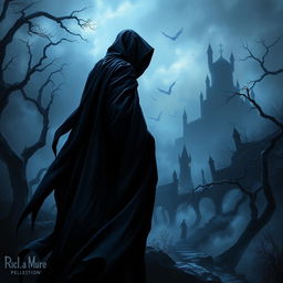 A captivating dark fantasy book cover showcasing a shadowy figure draped in a flowing black cloak, set against a haunting backdrop