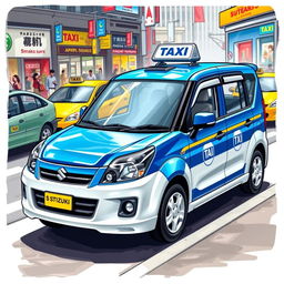 A detailed and vivid illustration of a Suzuki S-Presso GL 5P 998cc in a vibrant blue and white color palette, fashioned as a taxi