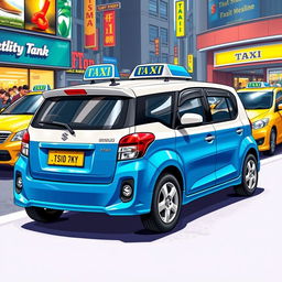 A detailed and vivid illustration of a Suzuki S-Presso GL 5P 998cc in a vibrant blue and white color palette, fashioned as a taxi