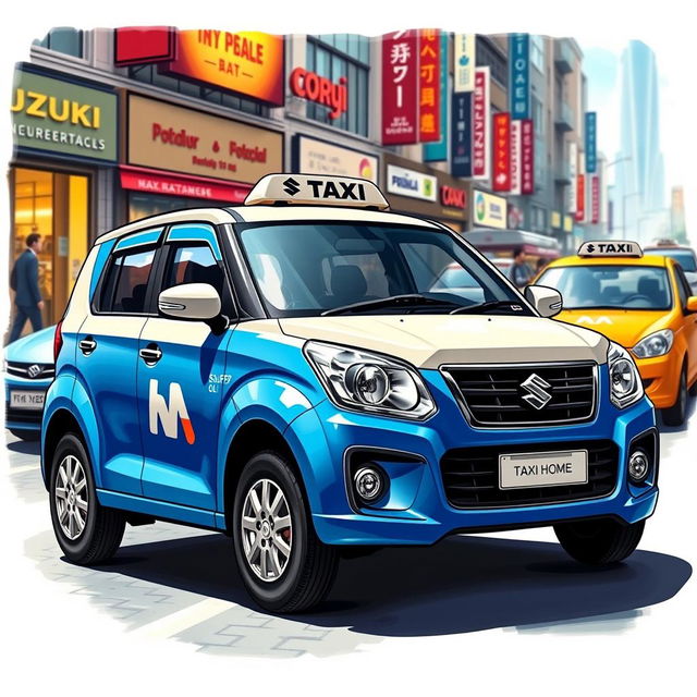 A detailed and vivid illustration of a Suzuki S-Presso GL 5P 998cc in a vibrant blue and white color palette, fashioned as a taxi