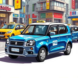 A detailed and vivid illustration of a Suzuki S-Presso GL 5P 998cc in a vibrant blue and white color palette, fashioned as a taxi