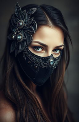 A captivating portrait of a woman wearing an intricately designed mask that covers the upper half of her face