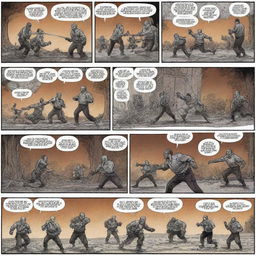 Create a six-panel action themed comic strip featuring only three characters. Showcase an exciting narrative displaying their dynamics, interactions, and conflicts throughout the strip.