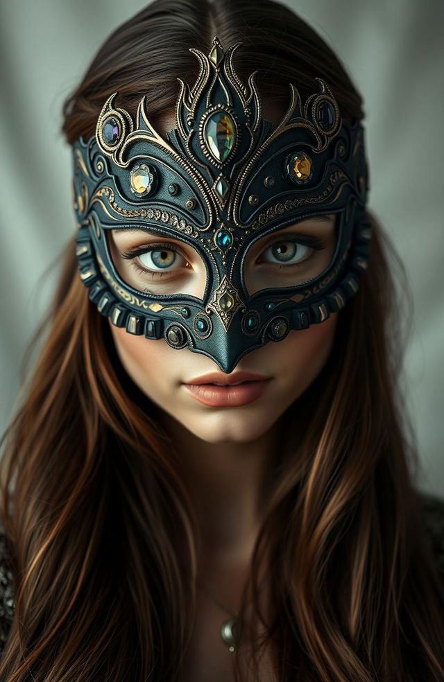 A captivating portrait of a woman wearing an intricately designed mask that covers the upper half of her face