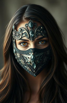 A captivating portrait of a woman wearing an intricately designed mask that covers the upper half of her face
