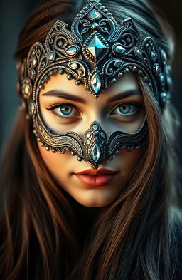 A captivating portrait of a woman wearing an intricately designed mask that covers the upper half of her face