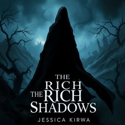 A compelling dark fantasy book cover for 'The Rich Shadows' by Jessica Kirwa, featuring a shadowy figure in a flowing black cloak, immersed in a haunting landscape