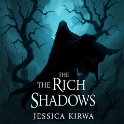 A compelling dark fantasy book cover for 'The Rich Shadows' by Jessica Kirwa, featuring a shadowy figure in a flowing black cloak, immersed in a haunting landscape