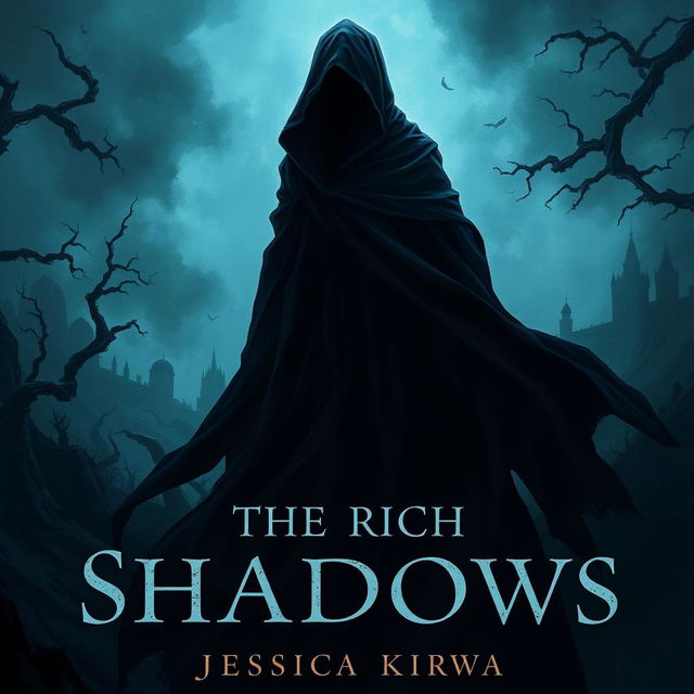 A compelling dark fantasy book cover for 'The Rich Shadows' by Jessica Kirwa, featuring a shadowy figure in a flowing black cloak, immersed in a haunting landscape