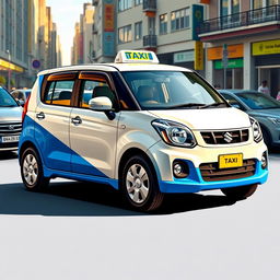 A striking illustration of a Suzuki S-Presso GL 5P 998cc in a bright blue and white color combination, presented as a taxi