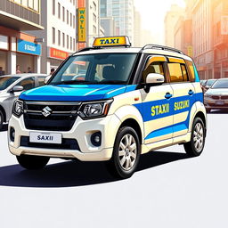 A striking illustration of a Suzuki S-Presso GL 5P 998cc in a bright blue and white color combination, presented as a taxi