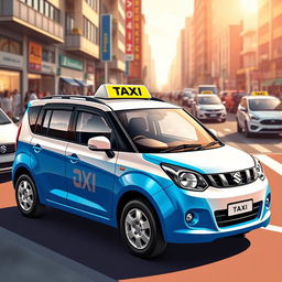 A striking illustration of a Suzuki S-Presso GL 5P 998cc in a bright blue and white color combination, presented as a taxi
