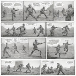 Create a six-panel action themed comic strip featuring only three characters. Showcase an exciting narrative displaying their dynamics, interactions, and conflicts throughout the strip.