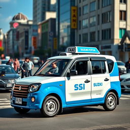 A captivating depiction of a Suzuki S-Presso GL 5P 998cc in a striking blue and white color scheme, designed as a taxi