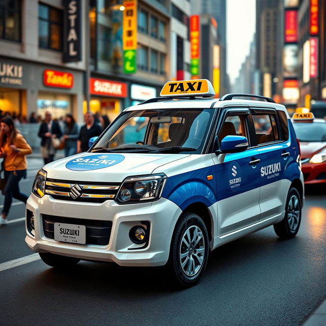 A captivating depiction of a Suzuki S-Presso GL 5P 998cc in a striking blue and white color scheme, designed as a taxi