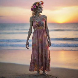 Highly detailed image of a decaying zombie woman in a tattered sundress standing at a beach shoreline, with a colorful floral headpiece, viewed from full body side profile, against a vibrant sunset. Style reminiscent of 'The Walking Dead'.