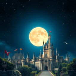 A majestic view of a grand kingdom with elaborate castles and towering spires, set against a stunning night sky illuminated by a huge, radiant full moon