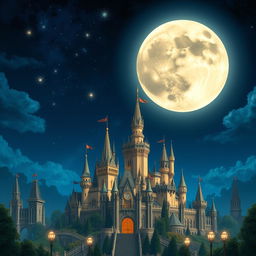 A majestic view of a grand kingdom with elaborate castles and towering spires, set against a stunning night sky illuminated by a huge, radiant full moon