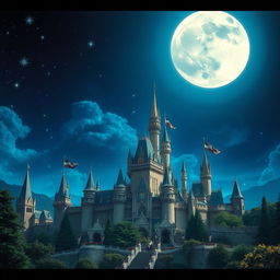 A majestic view of a grand kingdom with elaborate castles and towering spires, set against a stunning night sky illuminated by a huge, radiant full moon