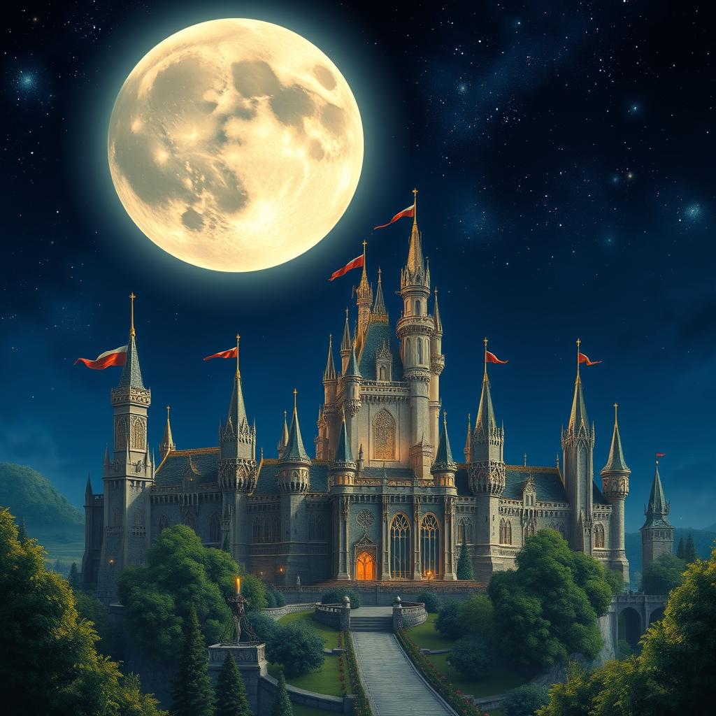 A majestic view of a grand kingdom with elaborate castles and towering spires, set against a stunning night sky illuminated by a huge, radiant full moon