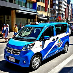An eye-catching depiction of a Suzuki S-Presso GL 5P 998cc in bright blue and white colors, designed specifically as a taxi
