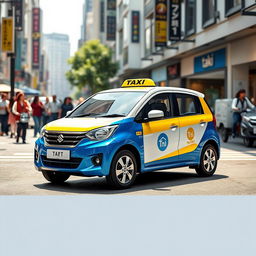 An eye-catching depiction of a Suzuki S-Presso GL 5P 998cc in bright blue and white colors, designed specifically as a taxi