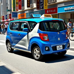 An eye-catching depiction of a Suzuki S-Presso GL 5P 998cc in bright blue and white colors, designed specifically as a taxi