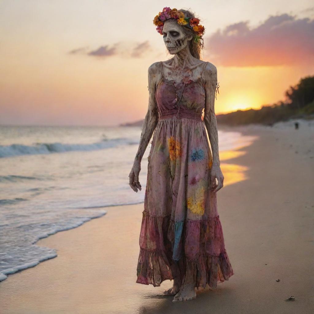 Highly detailed image of a decaying zombie woman in a tattered sundress standing at a beach shoreline, with a colorful floral headpiece, viewed from full body side profile, against a vibrant sunset. Style reminiscent of 'The Walking Dead'.