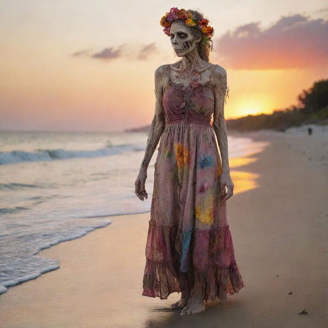 Highly detailed image of a decaying zombie woman in a tattered sundress standing at a beach shoreline, with a colorful floral headpiece, viewed from full body side profile, against a vibrant sunset. Style reminiscent of 'The Walking Dead'.