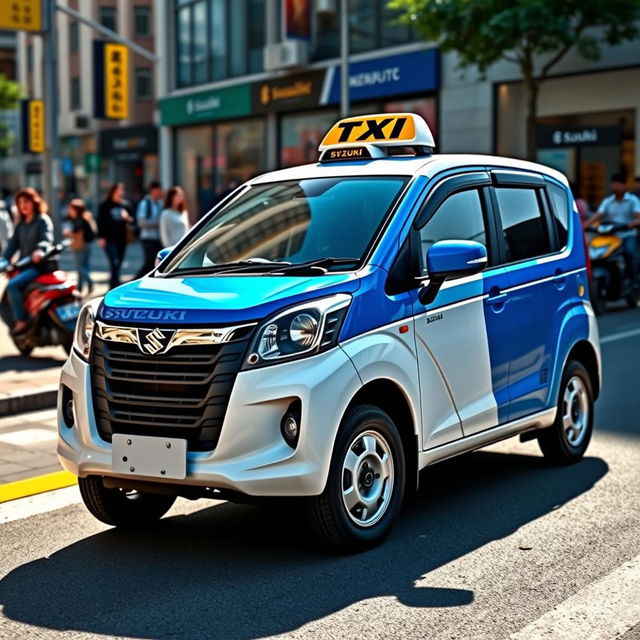 An eye-catching depiction of a Suzuki S-Presso GL 5P 998cc in bright blue and white colors, designed specifically as a taxi