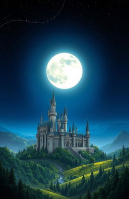 A stunning and majestic kingdom landscape under a night sky, featuring an impressive castle with towering spires and intricate architecture
