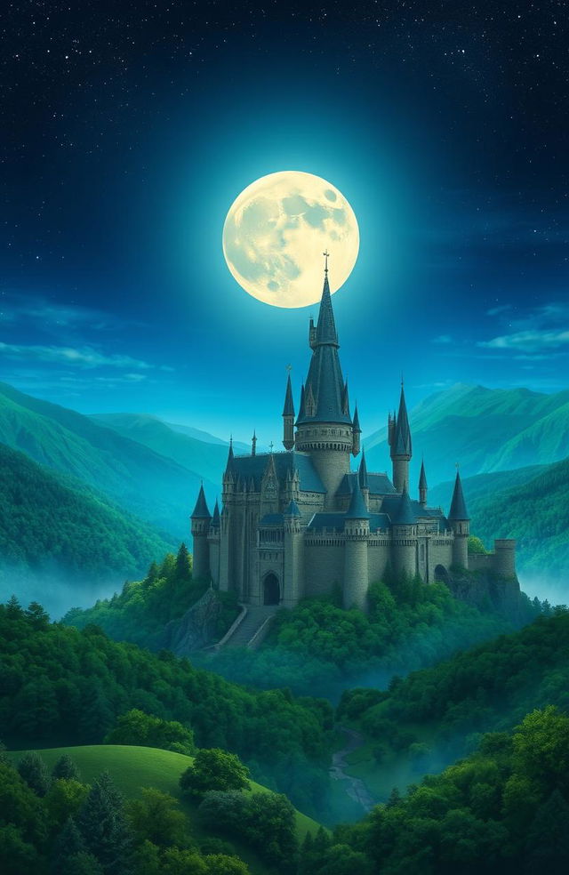 A stunning and majestic kingdom landscape under a night sky, featuring an impressive castle with towering spires and intricate architecture