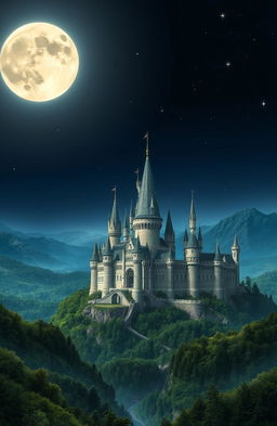 A stunning and majestic kingdom landscape under a night sky, featuring an impressive castle with towering spires and intricate architecture