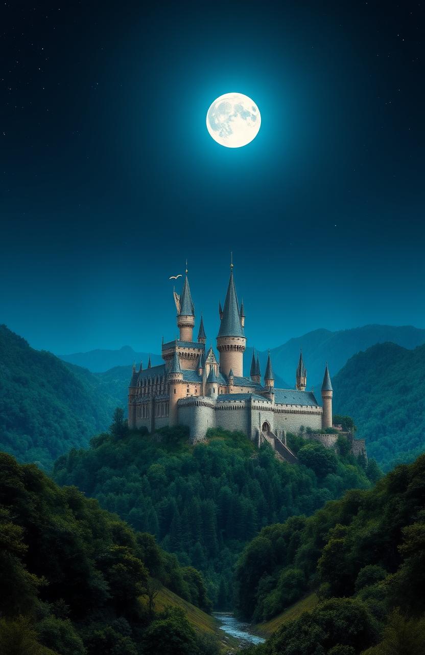 A stunning and majestic kingdom landscape under a night sky, featuring an impressive castle with towering spires and intricate architecture