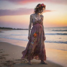 Highly detailed image of a decaying zombie woman in a tattered sundress standing at a beach shoreline, with a colorful floral headpiece, viewed from full body side profile, against a vibrant sunset. Style reminiscent of 'The Walking Dead'.